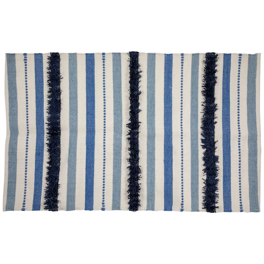 Blue, Cream & Black Striped Handloom Woven Outdoor Throw Rug, 3.5ft.x 2ft.